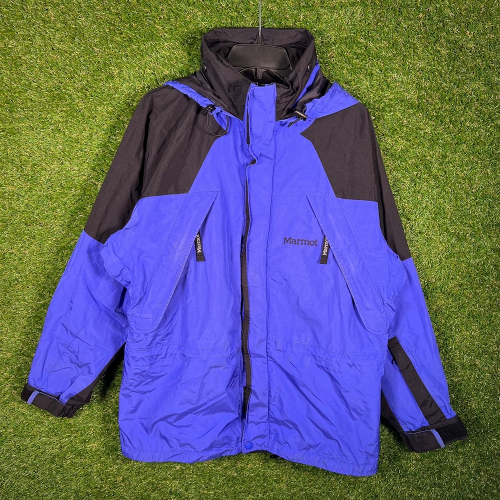 Marmot Mens Small Blue Black Hooded Rain Jacket Windbreaker Shell